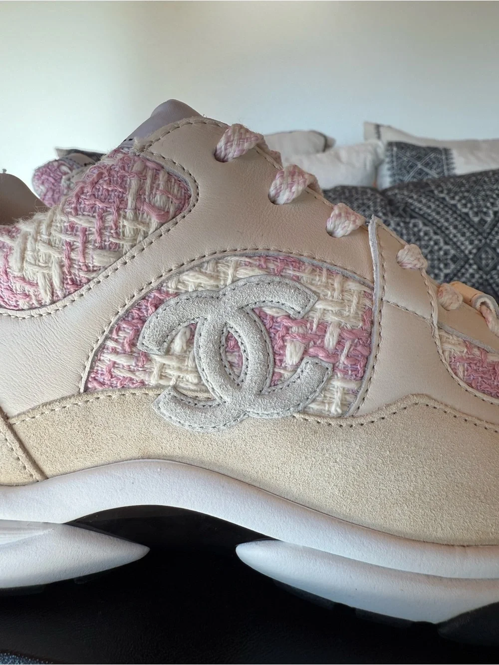 CHANEL Beige Suede & Pink Tweed Women's Sneakers